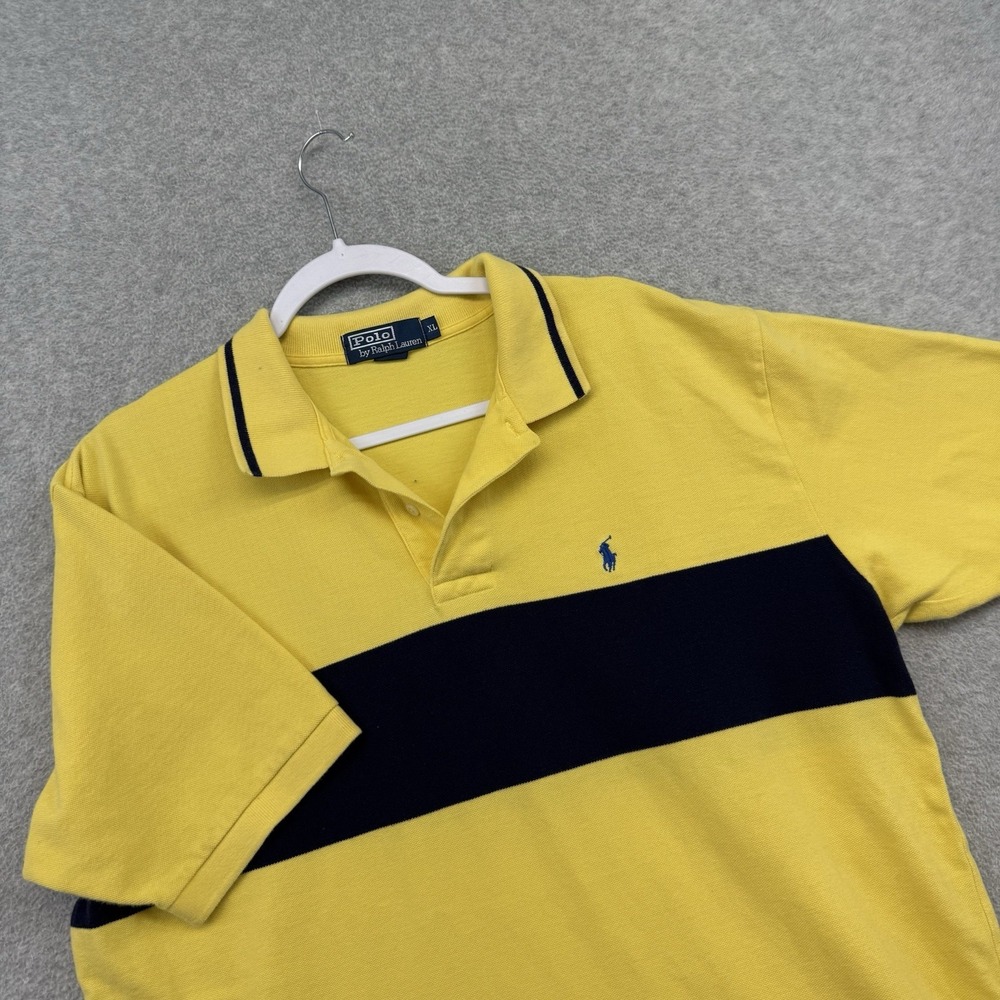 VTG‎ 90s Polo Ralph Lauren Box Pique Knit Yellow Chest Stripe Polo Shirt XL Navy